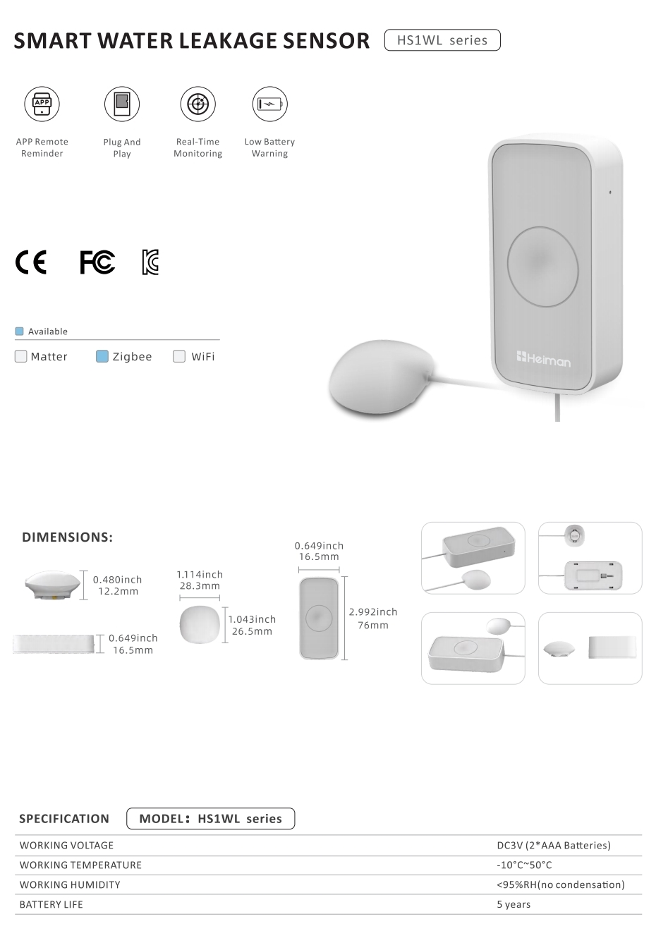 Smart Water Leakage Sensor Heiman HS1WL series